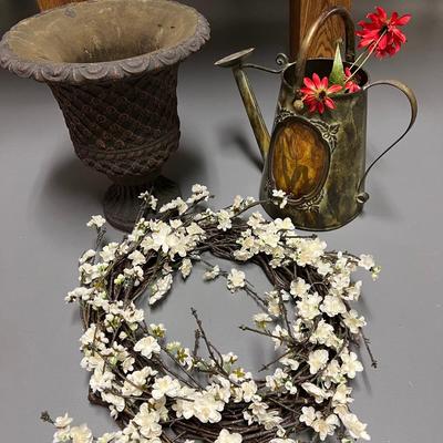 Lot of 3: Floral wreath; Decorative Wateringcan w/ faux flowers; Painted Styrofoam decorative Planter