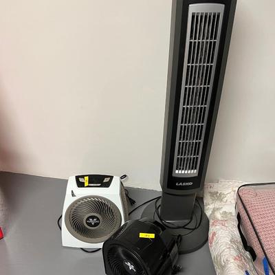 Lot of 3: Alasko Air Ion Tower Fan; Small round black Vornado velocity heat; Medium white square Vornado velocity heater