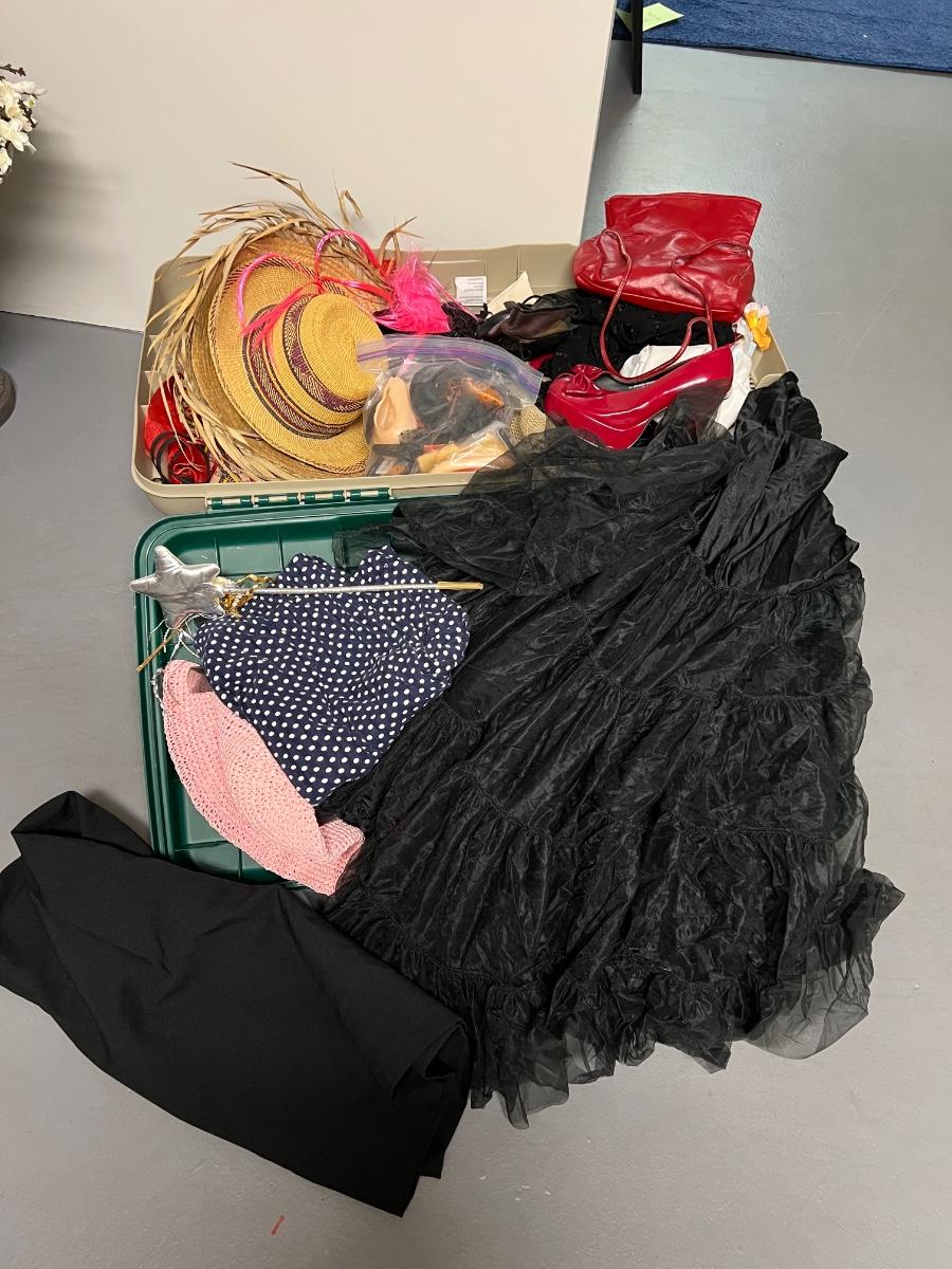 Large bin of various childrens dress up clothes/ costumes/ wigs/ hats