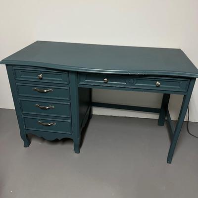 Teal chalk painted Young America 4 drawer writing desk. Top drawer doubles as keyboard drawer