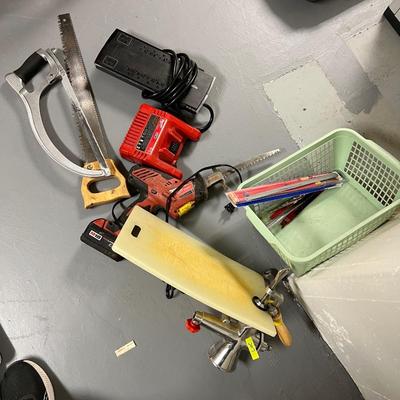 Lot of 5: Clamp; Power strip; Saw Files; Milwaukee cordless Hackzall; 2 saws