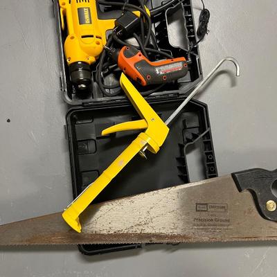 Lot of 4: Saw, Dewalt dril; black & decker rechargable screwdriver; caulk gun