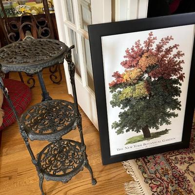 Lot of 2: New York Botanical Garden Framed print, 3 tier cast iron planter stand