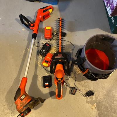 Assorted Lot: Black & Decker Lawn tools; trimmer & weedwacker; bucket with tool sheath