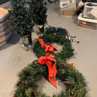 Lot of 5: Battery Operaterd Holiday Wreath; Wreath with lights; Colored lights; 2 Mini Christmas trees in silver potters