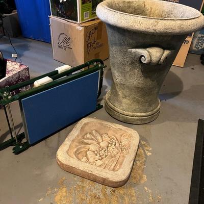Lot of 3: Large Concrete Planter; Concrete Garden stone; Garden stool