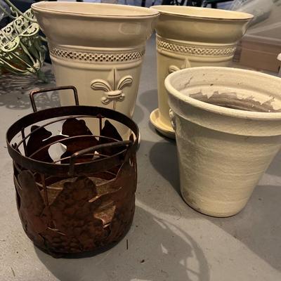 Lot of 6: 3 cream colored planters; 2 planter plates; iron bear potter