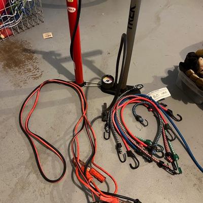 Lot of 10: 1 Battery Cables, Plug; 2 bicycle pumps; 9 bungees;