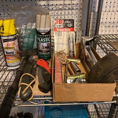 Lot: 2 Garden knives; hand pump; spray paint; cable ties; misc tools