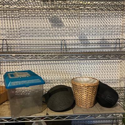 Various lot: Hampster Cage; Eddie Bower Windbreaker; Woven exterior porcelain interior Planter; Garden Knee pads