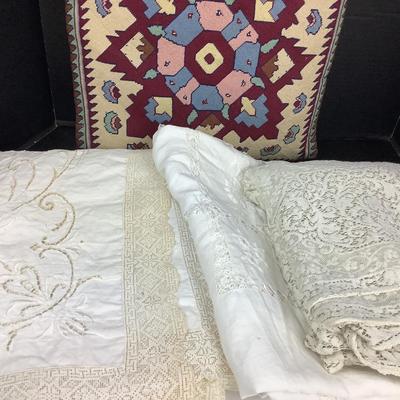 1530 Antique Linen & Lace Lot & Needlepoint Pillow