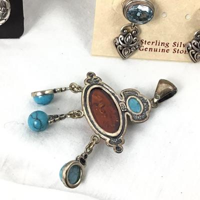1138 Sterling Earrings , Turquoise, Amber Pendant
