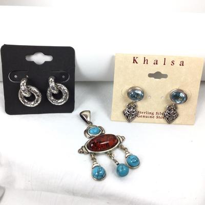 1138 Sterling Earrings , Turquoise, Amber Pendant