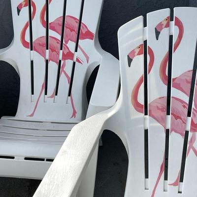 LOT 50  PAIR OF MOLDED PLASTIC DECK CHAIRS PAINTED PINK FLAMINGOS