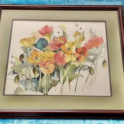 LOT 51  DUCKS & FLOWERS WATER COLOR PRINT FRAMED WALL ART