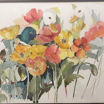 LOT 51  DUCKS & FLOWERS WATER COLOR PRINT FRAMED WALL ART