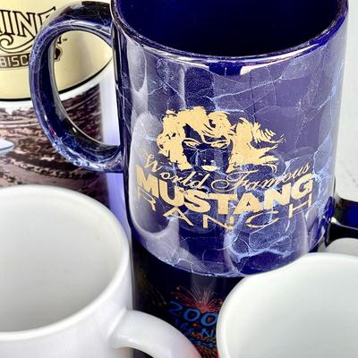 LOT 60  ASSORTMENT OF NOVELTY CERAMIC COFFEE MUGS MUSTANG RANCH POLITICAL THERMAL