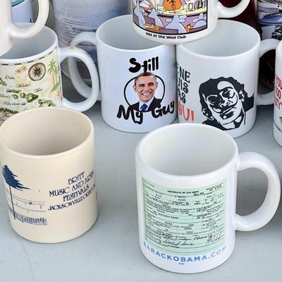 LOT 60  ASSORTMENT OF NOVELTY CERAMIC COFFEE MUGS MUSTANG RANCH POLITICAL THERMAL