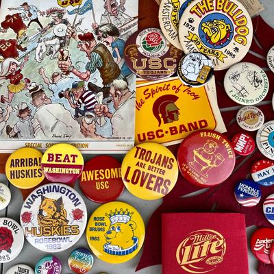 LOT 62  GROUP OF SOUVENIR BUTTONS & COASTERS USC BEER POLITICAL NOVELTY