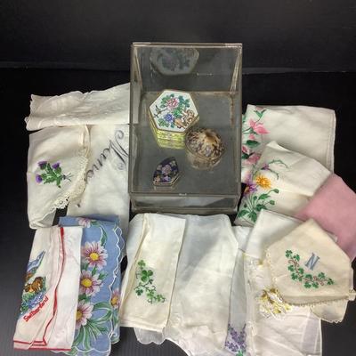 1270 Vintage Pill Boxes in Display Case & Handkerchief