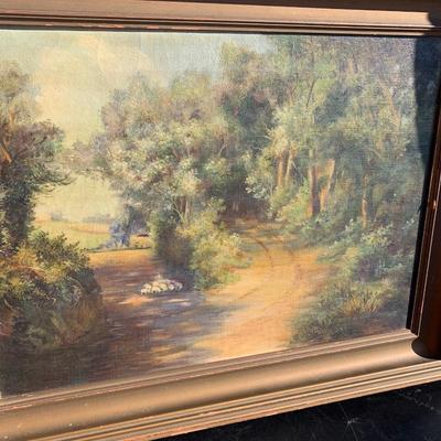 Antique Oil In Canvas Landscape Scene