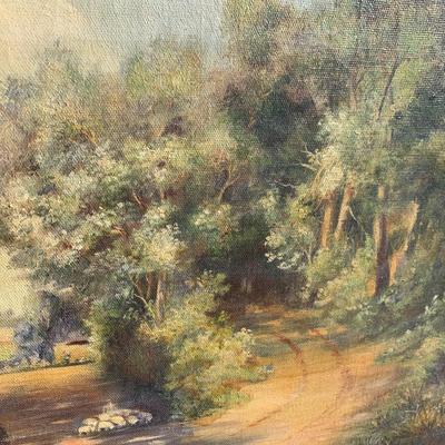 Antique Oil In Canvas Landscape Scene