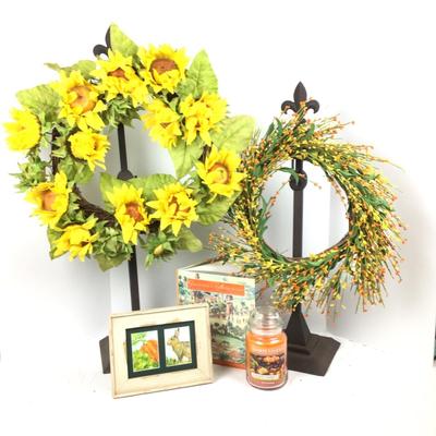 1259 Artificial Sunflower Wreath , Bunny Decor, Garden Book, Candle