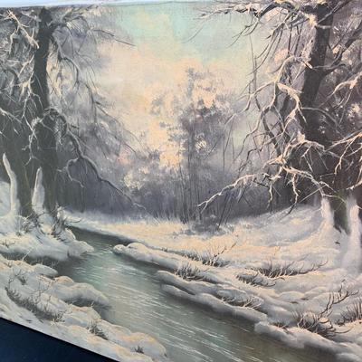 Large Signed Oil On Canvas Winter Creek Landscape