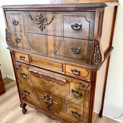 LOT 72  ANTIQUE WALNUT CHEST ON CHEST HIGH BOY DRESSER APPLIED CARVINGS