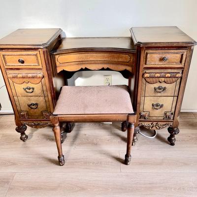 LOT 73  ANTIQUE WALNUT VANITY W/BENCH & MIRROR
