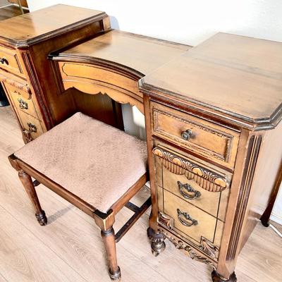 LOT 73  ANTIQUE WALNUT VANITY W/BENCH & MIRROR