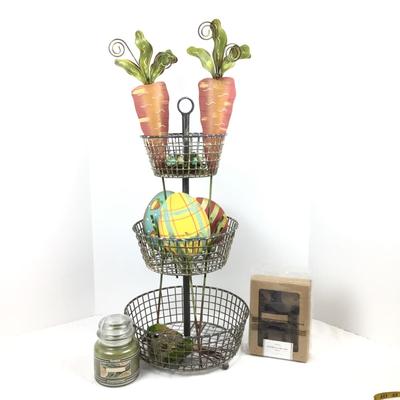 1286 Three Tier Wire Shelf with Spring Decor , Yankee Candle , Pottery Barn Salt Cellar