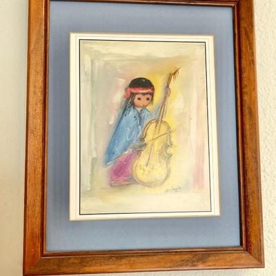 LOT 76  FRAMED DE GRAZIA PRINT NATIVE AMERICAN CHILD UPRIGHT BASS