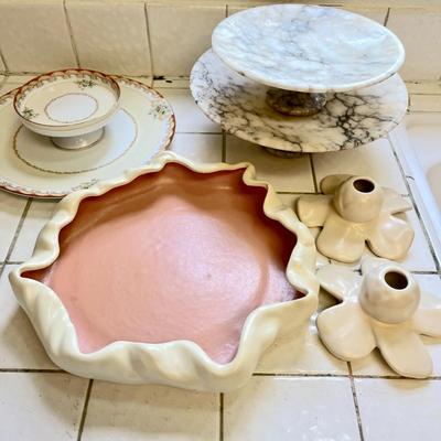 LOT 90  TABLE DECOR MARBLE FOOTED PLATES POTTERY VINTAGE FLOWER BOWL CANDLE HOLDERS