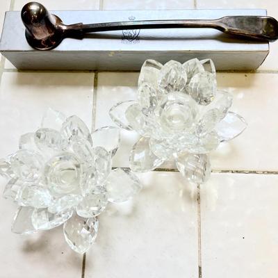 LOT 85  PAIR OF CRYSTAL PETAL WATER LILY CANDLE HOLDERS & SILVER PLATE CANDLE SNUFFER