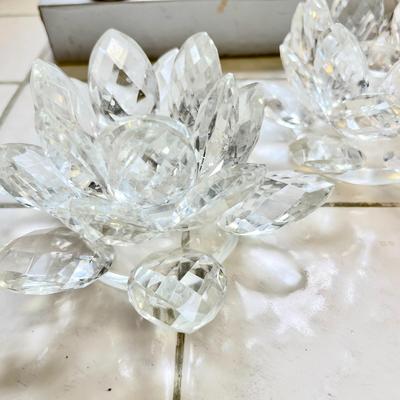 LOT 85  PAIR OF CRYSTAL PETAL WATER LILY CANDLE HOLDERS & SILVER PLATE CANDLE SNUFFER