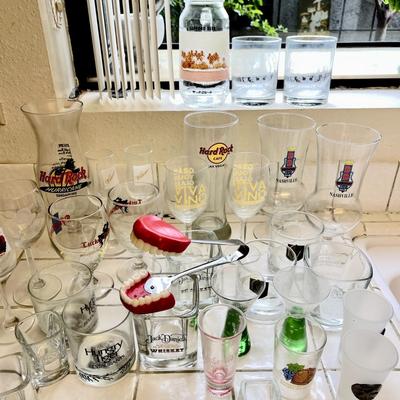 LOT 95  NOVELTY GROUP OF BAR WARE ASSORTED BRANDED GLASSES FALSE TEETH ICE TONGS