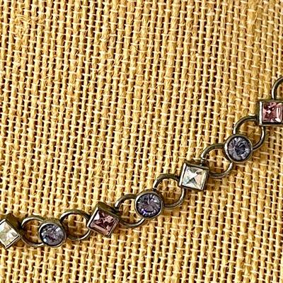 LOT 109  SMOKEY BLUE/WHITE STONES BRONZE TONE CHAIN NECKLACE COSTUME JEWELRY