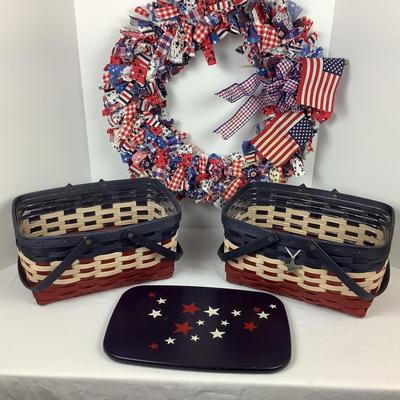 Lot # 1293 Pair of Longaberger 2011 Americana Medium Market Baskets, One Lid & Red, White & Blue Wreath