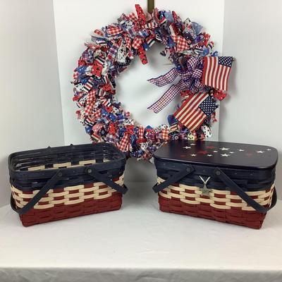Lot # 1293 Pair of Longaberger 2011 Americana Medium Market Baskets, One Lid & Red, White & Blue Wreath