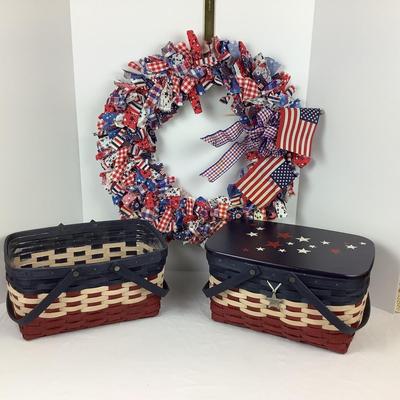 Lot # 1293 Pair of Longaberger 2011 Americana Medium Market Baskets, One Lid & Red, White & Blue Wreath