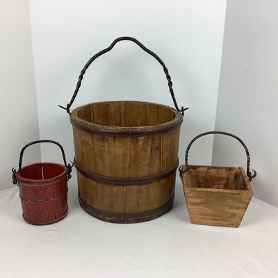 Lot # 1298 Lot of Weathered Wooden Buckets with Wrought Iron Handles