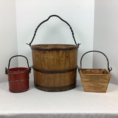 Lot # 1298 Lot of Weathered Wooden Buckets with Wrought Iron Handles