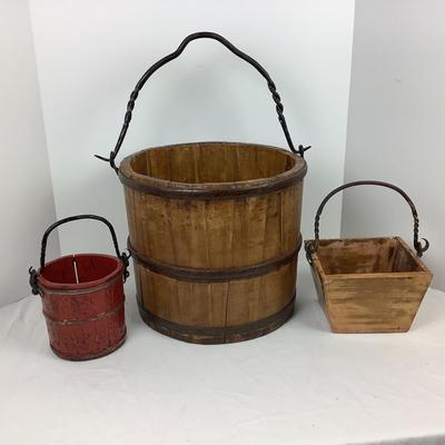 Lot # 1298 Lot of Weathered Wooden Buckets with Wrought Iron Handles