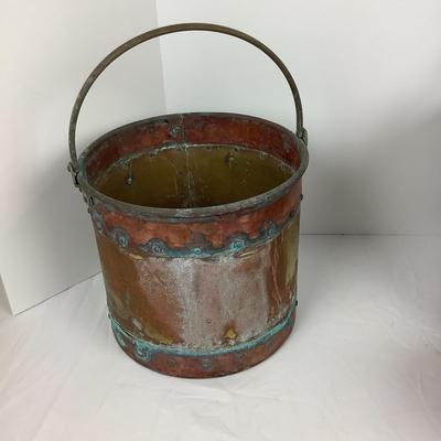 Lot # 1299 Antique Brass & Copper Bucket with Wrought Iron Handle  ca1890