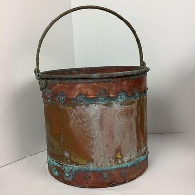 Lot # 1299 Antique Brass & Copper Bucket with Wrought Iron Handle  ca1890