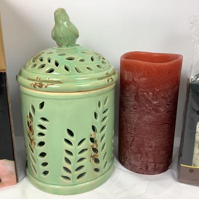 Lot # 1326. NEW IN BOX Luminary Birch Painted Candles, Luma Candles NEW, Ceramic Handle Holder