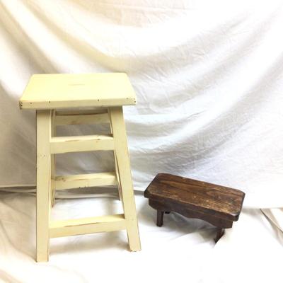 1368 White Distressed Painted Stool with Wooden Foot Stool