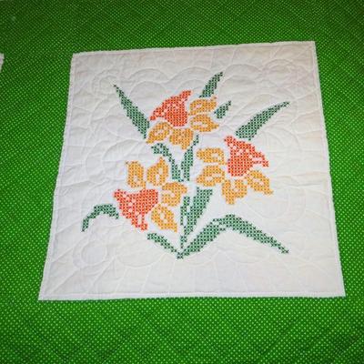 64" x 75" Orange Flowered Quilt With Green Border