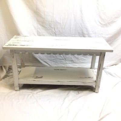 1381 White Painted Distressed Shabby Chic Bench with Shelf